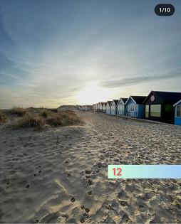 A row of colourful beach huts go into the distance on a golden sandy beach